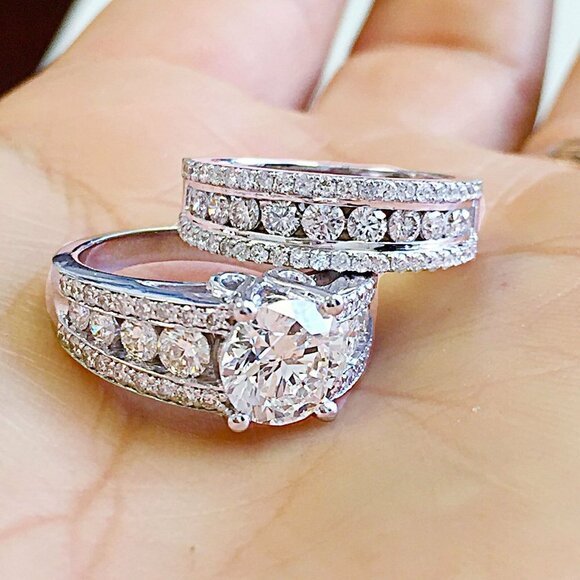 💝 Eternity Full CZ Diamonds Silver Plated Couple Chunky Ring Set, UNVN12286 - Picture 7 of 9